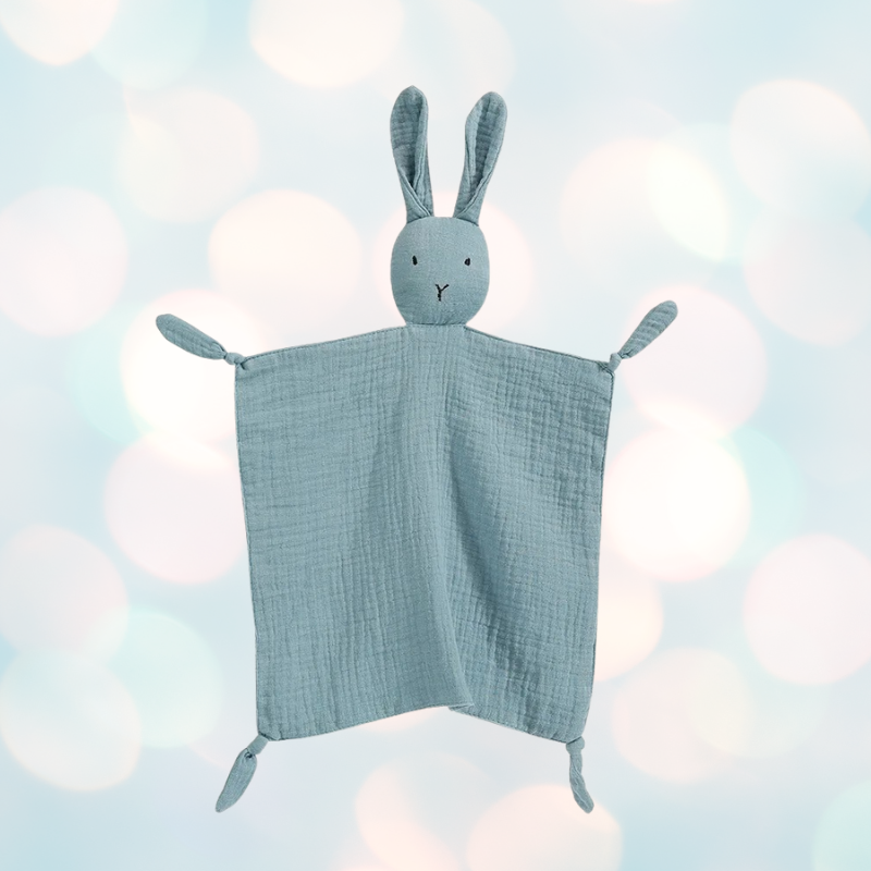 Doudou lapin bleu carré plat en coton pour bébé
