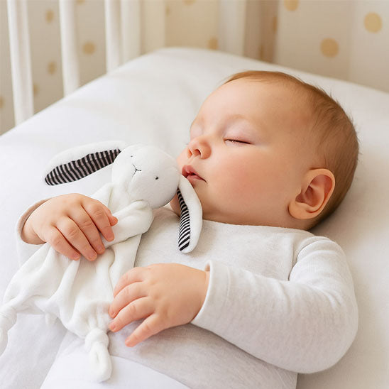 Doudou lapin doux blanc avec bébé endormi contre lui