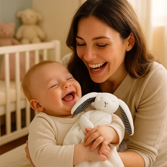 Doudou lapin doux dans les bras de bébé riant avec maman