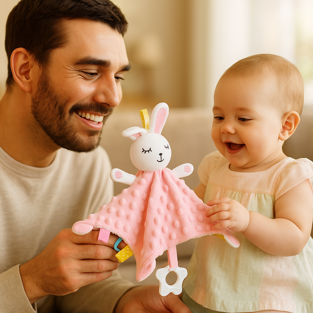 Doudou lapin rose bébé jouant avec papa