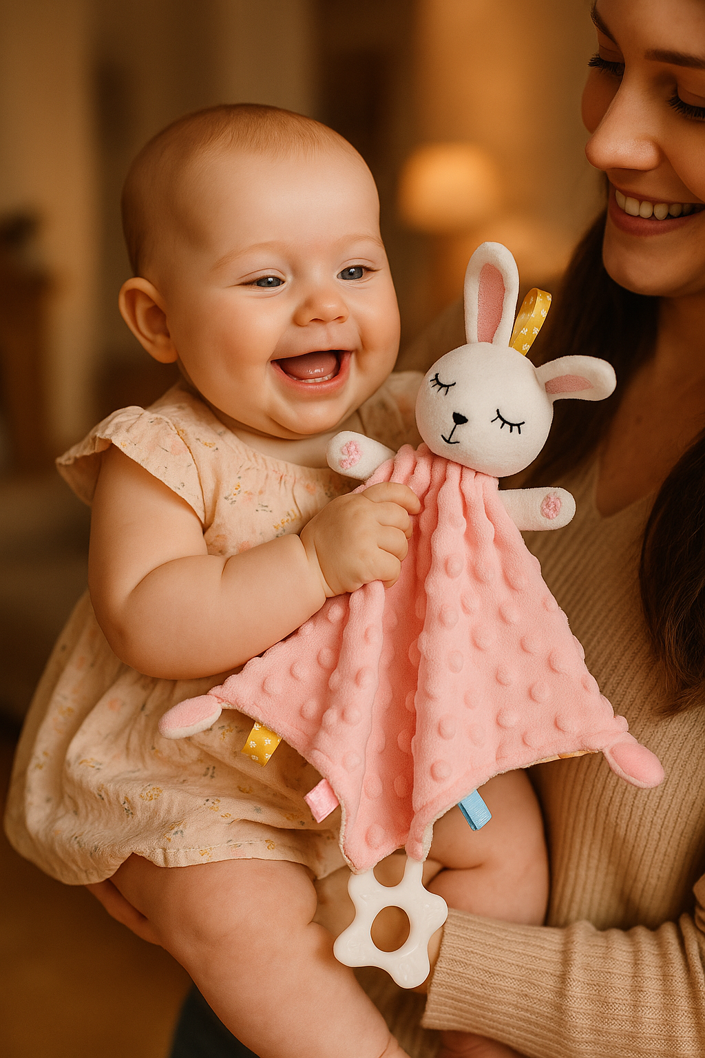 Bébé fille jouant avec son doudou lapin rose dans les bras de maman