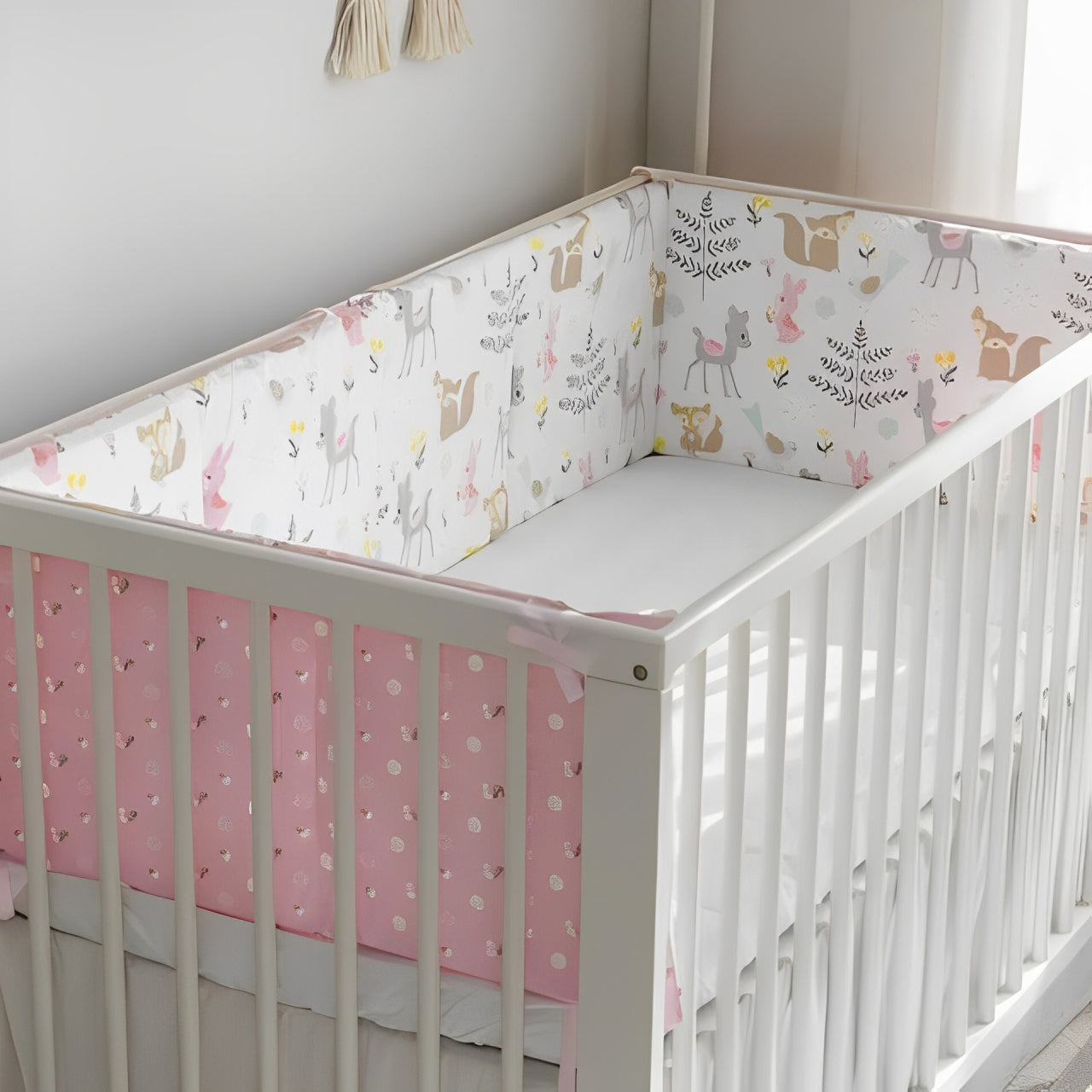tour de lit bebe fille reversible animaux foret tons rose gris beige