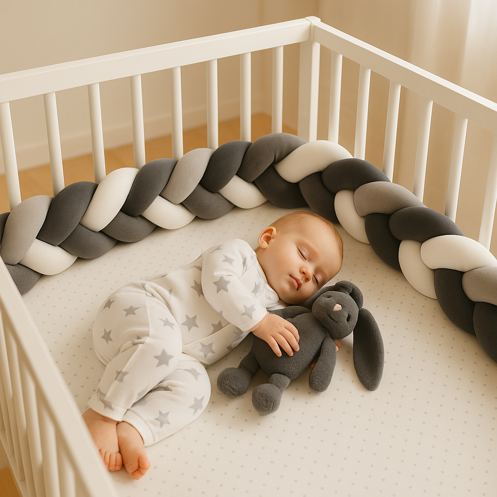 Bébé endormi dans un lit à barreaux, protégé par un tour de lit tresse gris blanc noir