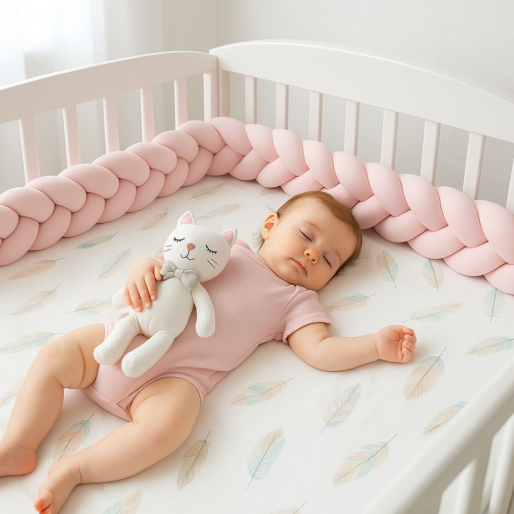 Tour de lit tressé rose bébé endormi déco douce chambre