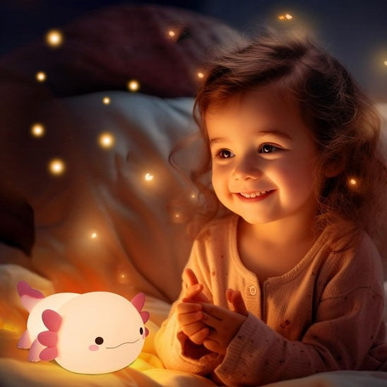veilleuse de nuit rose qui eclaire une petite fille heureuse