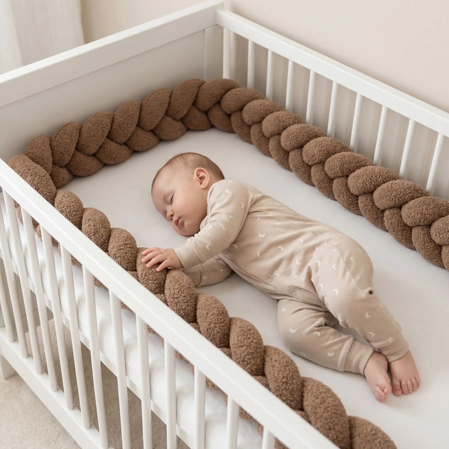 Bébé dort paisiblement entouré par tresse de lit bébé bouclette