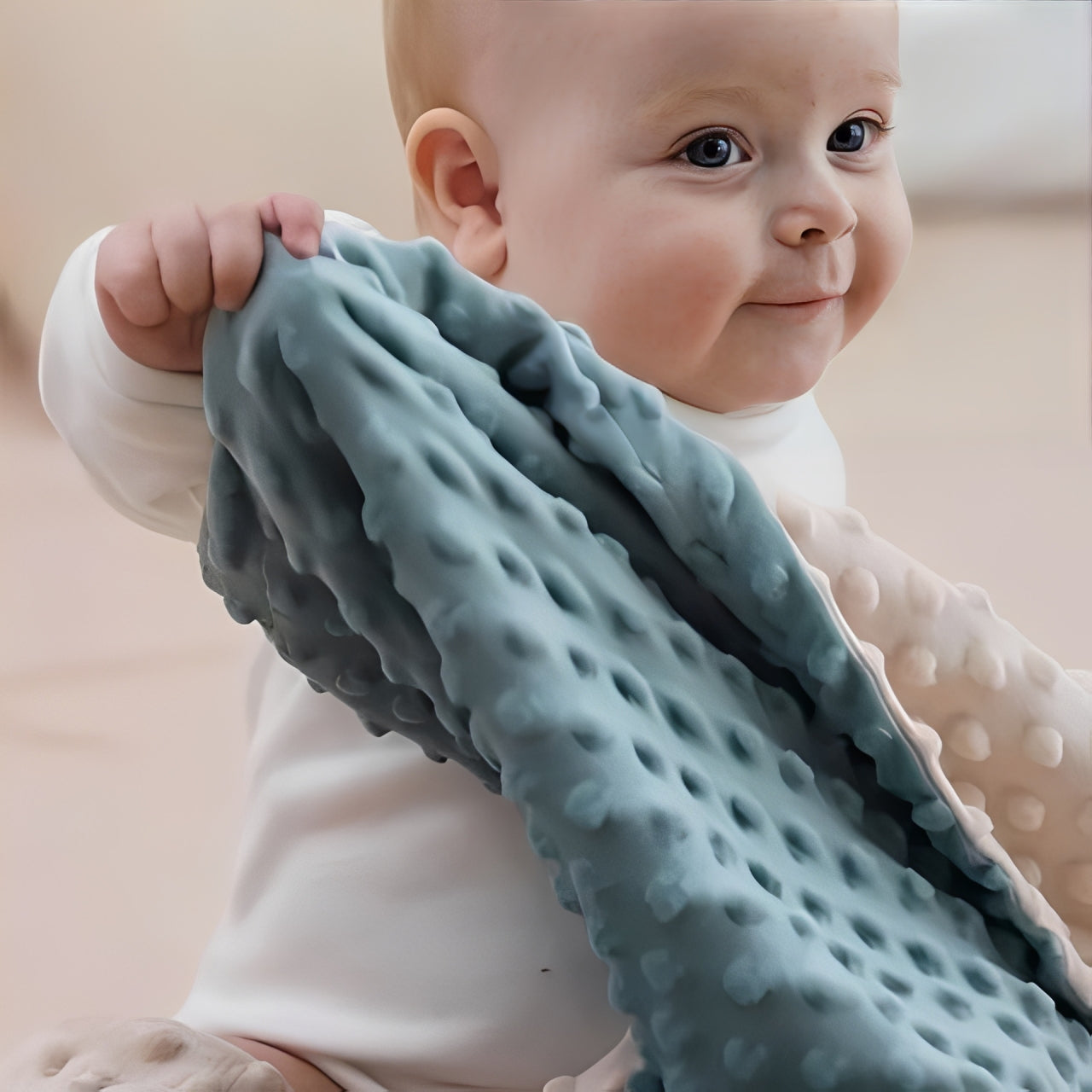 Bébé jouant avec une couverture bebe bicolore beige et bleu