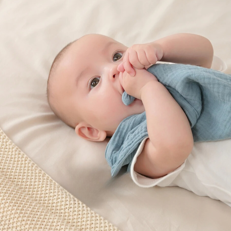 Bébé mâchouillant le doudou lapin bleu