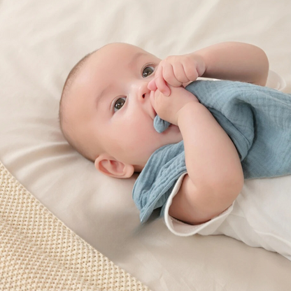 Bébé mâchouillant le doudou lapin bleu