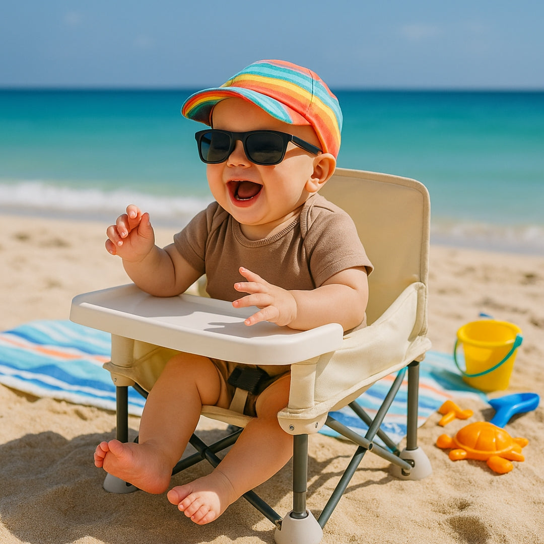 Chaise nomade bébé réhausseur sécurisé sur plage