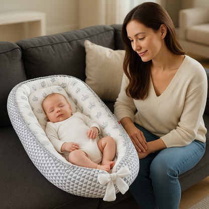 Cocon bebe posé sur un canapé moderne, idéal pour le quotidien