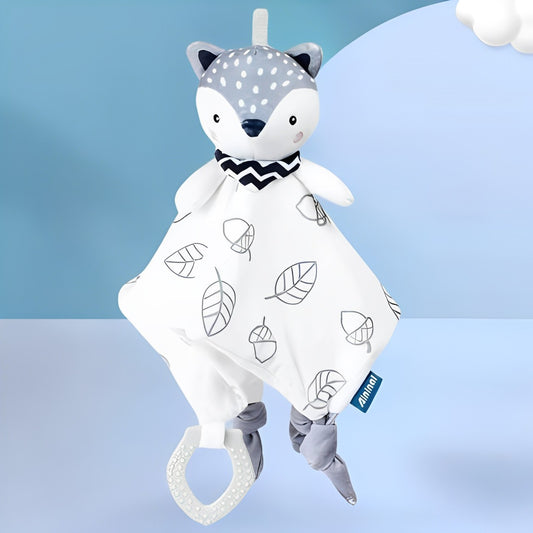 Doudou bebe renard gris et blanc avec anneau de dentition