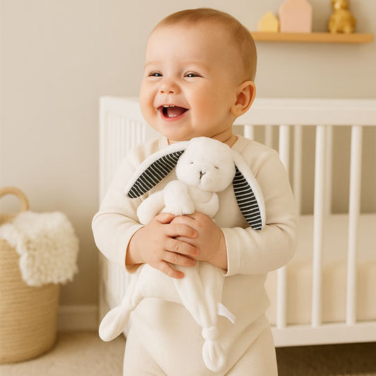Doudou lapin doux rassurant dans les bras de bébé heureux
