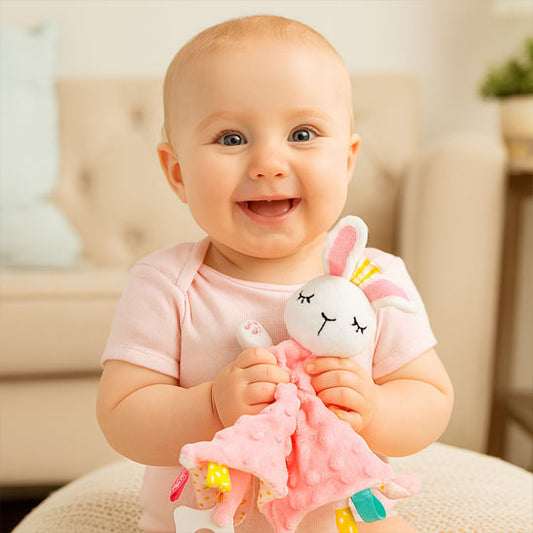 Bébé fille serrant son doudou lapin rose peluche douce en souriant