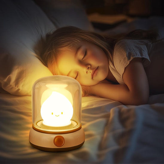 Fillette endormie avec veilleuse bébé LED rechargeabe