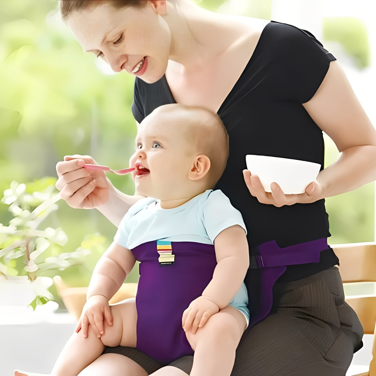 Harnais bebe pour chaise haute maman nourrissant bébé sécurisé sur banc