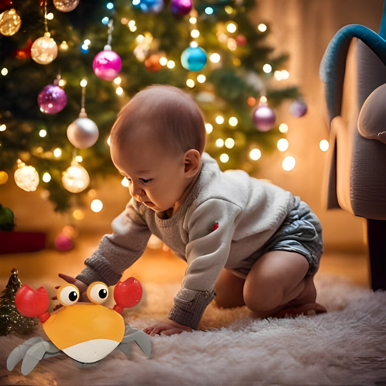 Bébé jouant avec jouet bebe crabe musical au sapin