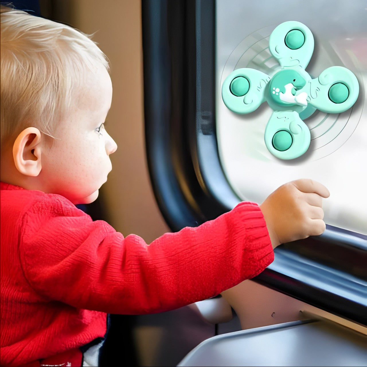 Jouet bebe toupie ventouse sur vitre de voiture