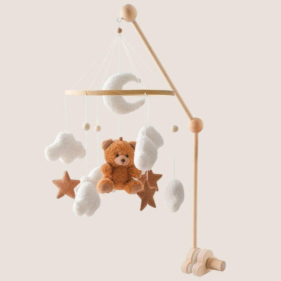 Mobile bebe étoiles nuages lune ours brun avec support bois
