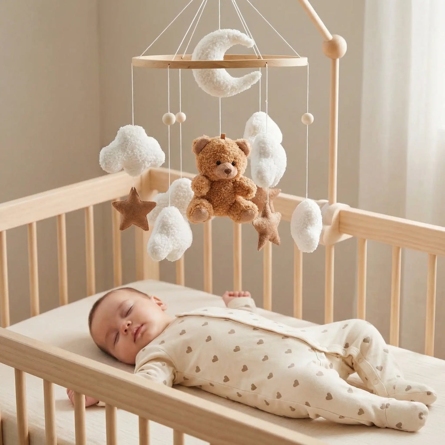 Bébé dormant paisiblement dans son lit sous mobile bebe