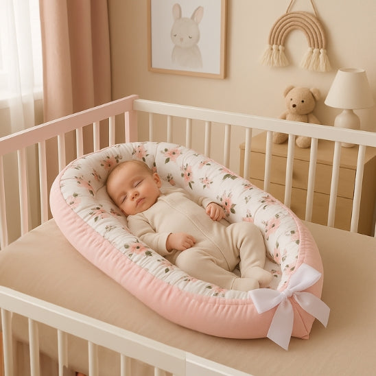 Réducteur de lit bébé rose avec nourrisson dormant