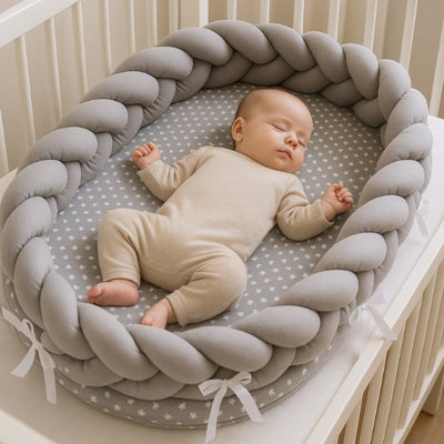 Reducteur de lit gris avec bébé dormant paisiblement