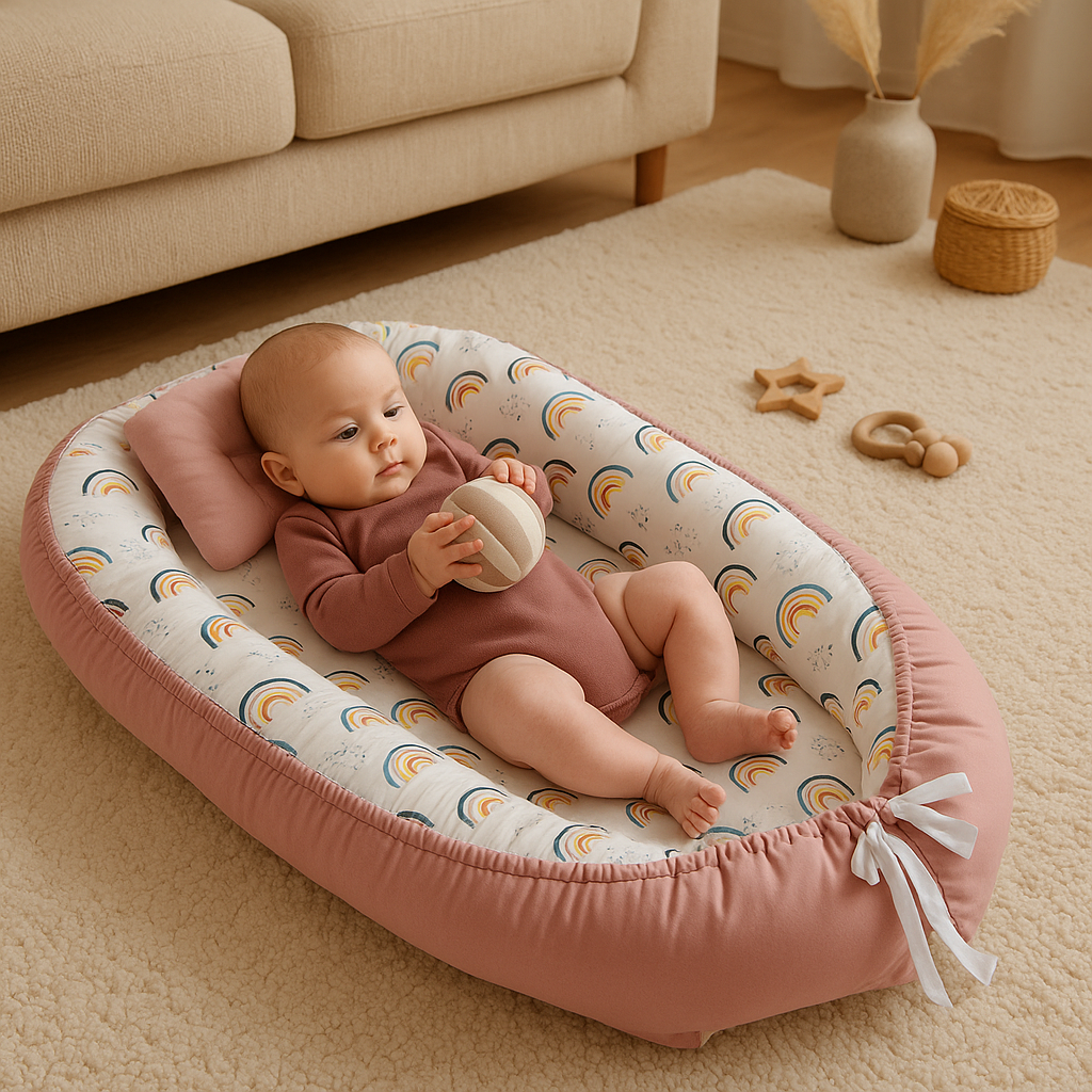 Reducteur de lit rose avec bébé jouant confortablement