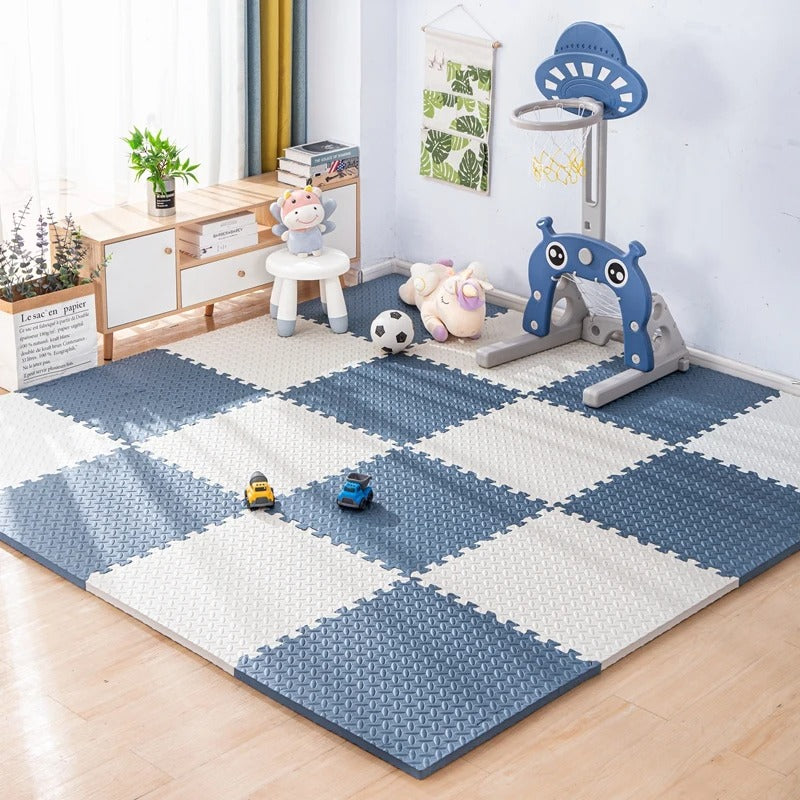 Tapis puzzle bébé bleu et blanc antichoc en mousse