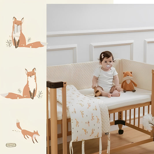 Bébé assis dans un lit à barreaux avec tour de lit bébé beige clair réversible en tissu coton et minky, motifs renard