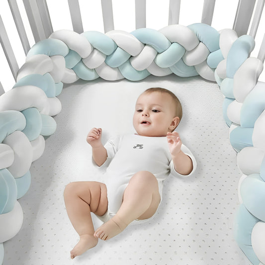 Tour de lit tressé 4 brins bleu-blanc, idéal pour protéger les barreaux du lit de bébé