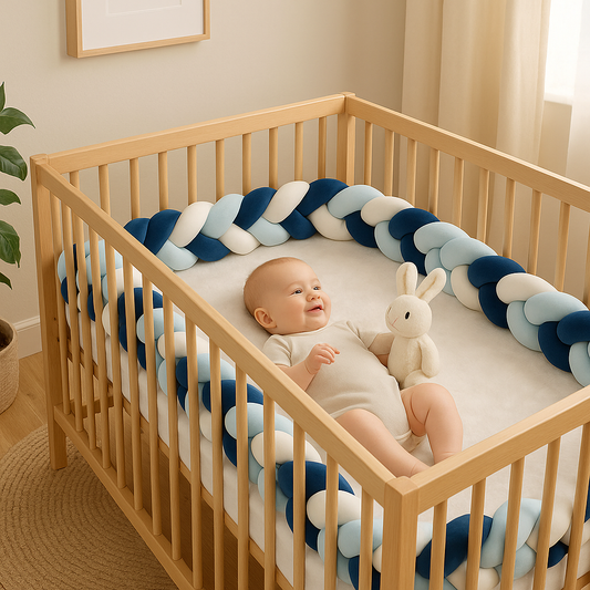 Tour de lit tressé respirant 3 brins bleu et blanc installé dans un lit à barreaux, bébé réveillé et joyeux avec doudou lapin en main

