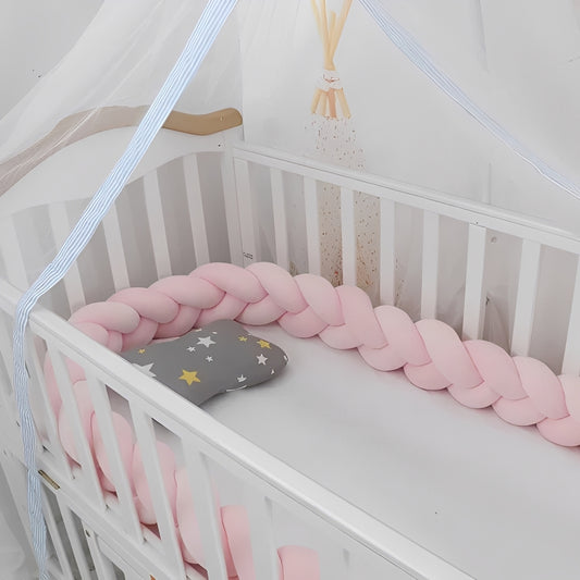 Tour de lit tressé rose en velours et coton protection barreaux