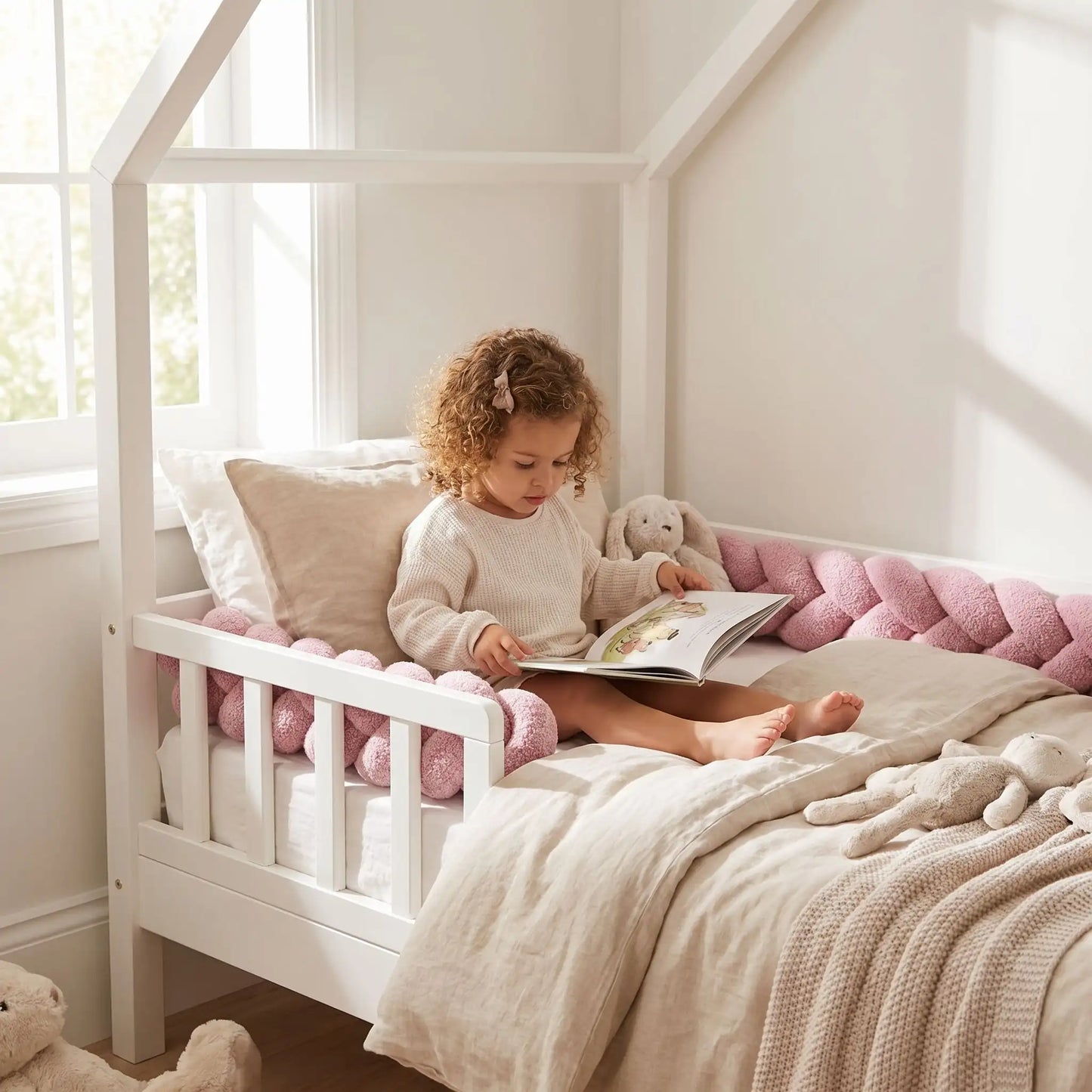 Tresse de lit bébé avec fillette lisant dans lit cabane
