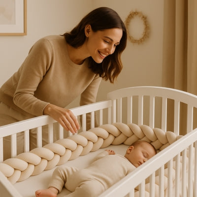 Bébé dormant paisiblement dans un lit à barreaux équipé d’une tresse de lit beige, observé avec tendresse par sa maman