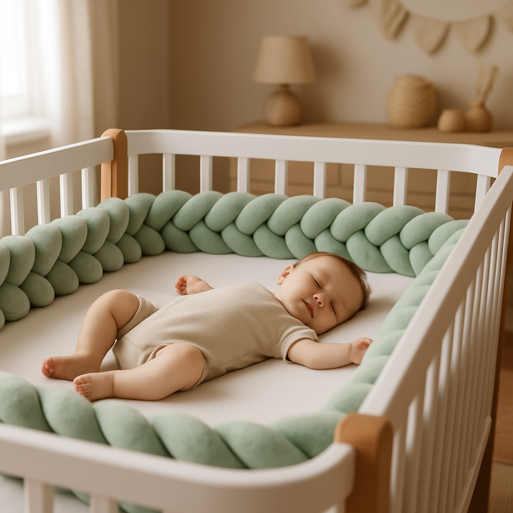 Tresse de lit vert sauge protégeant bébé durant son sommeil