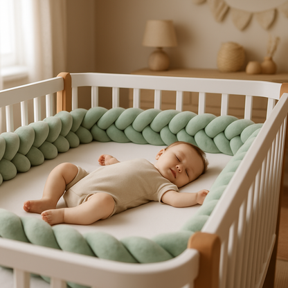 Tresse de lit vert sauge protégeant bébé durant son sommeil