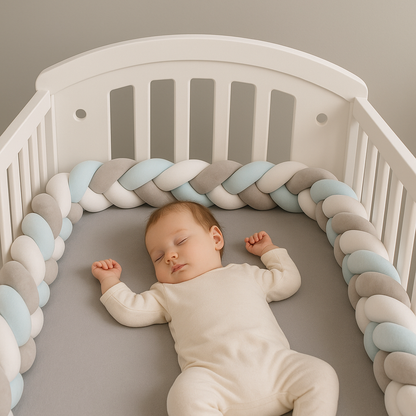 Bébé qui dort paisiblement, protégé par une tresse de lit bleu, blanc et gris utilisée comme pare-chocs doux et sécurisant