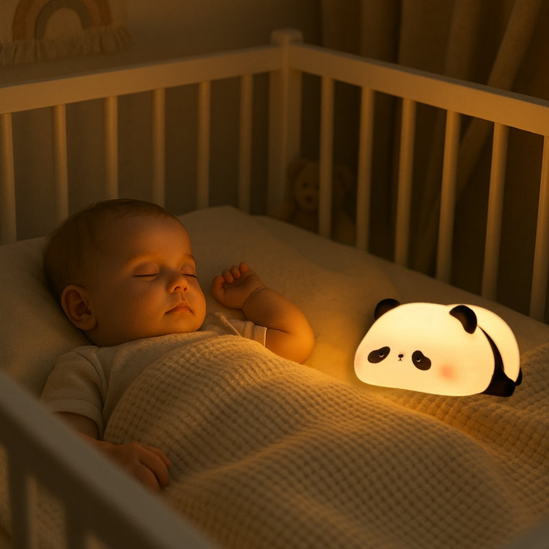 Veilleuse de nuit panda à côté d’un bébé endormi