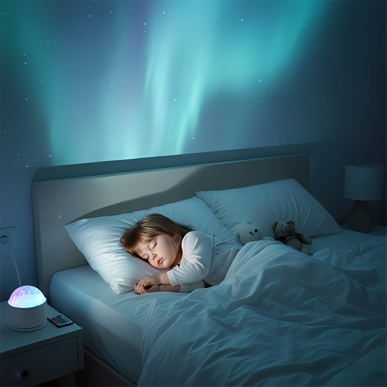 Veilleuse projection créant une ambiance relaxante avec fillette endormie